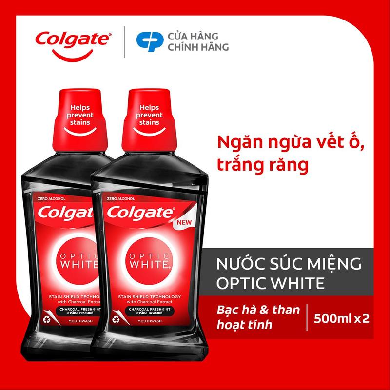  Bộ 2 Nước súc miệng Colgate trắng răng Optic White than hoạt tính bạc hà the mát 500ml chai 