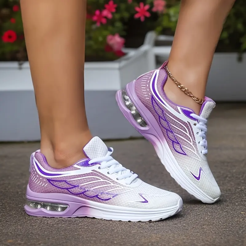 Stylish Women's Mid-Top Sneakers with Air Cushion - Breathable Mesh, Gradient Purple to White, Lace-Up Casual Sports Shoes, Comfortable EVA Insole, All-Season Wear 0