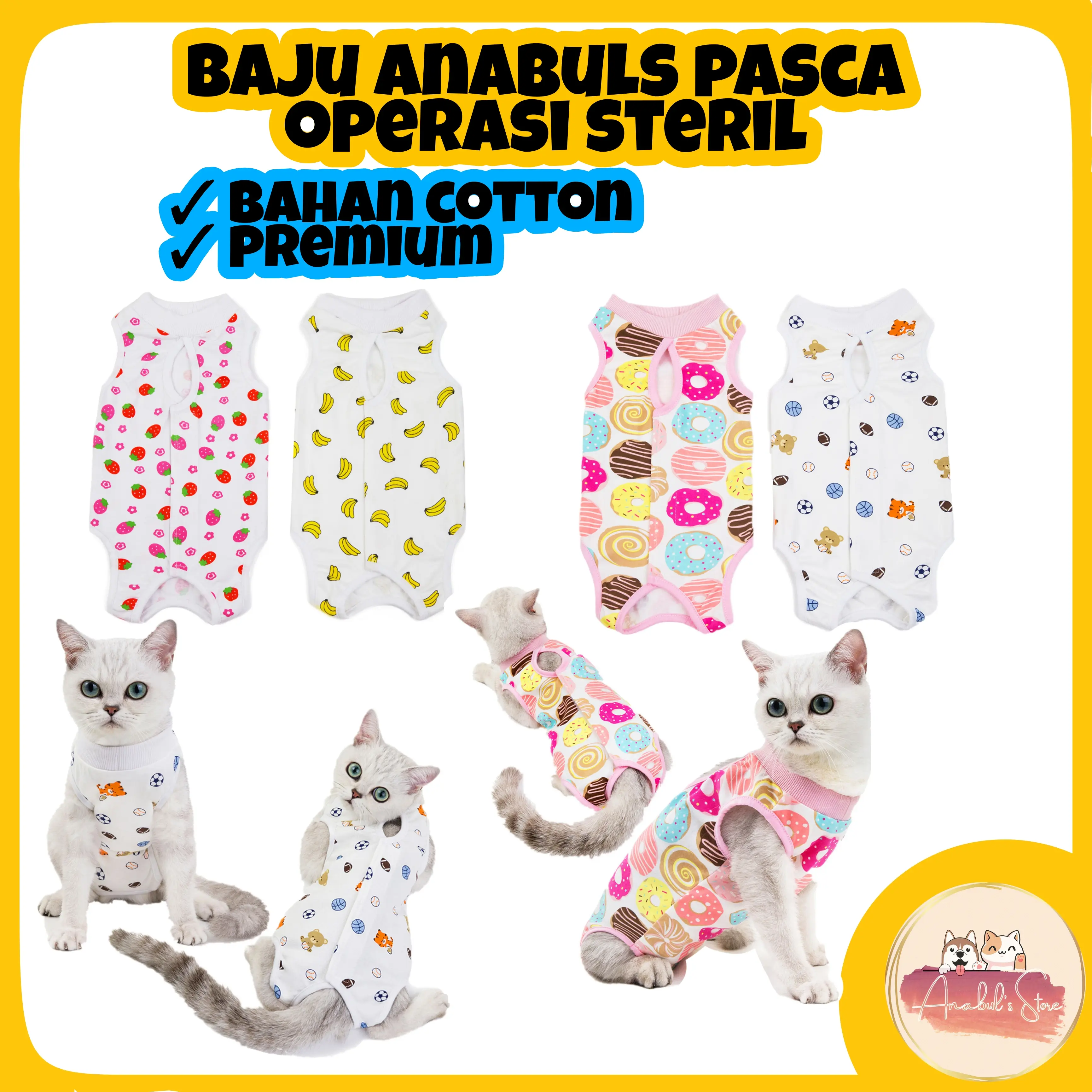 Baju Kucing Anjing Recovery Steril Pasca Operasi Pemulihan Luka Jantan Betina Premium Motif Lucu