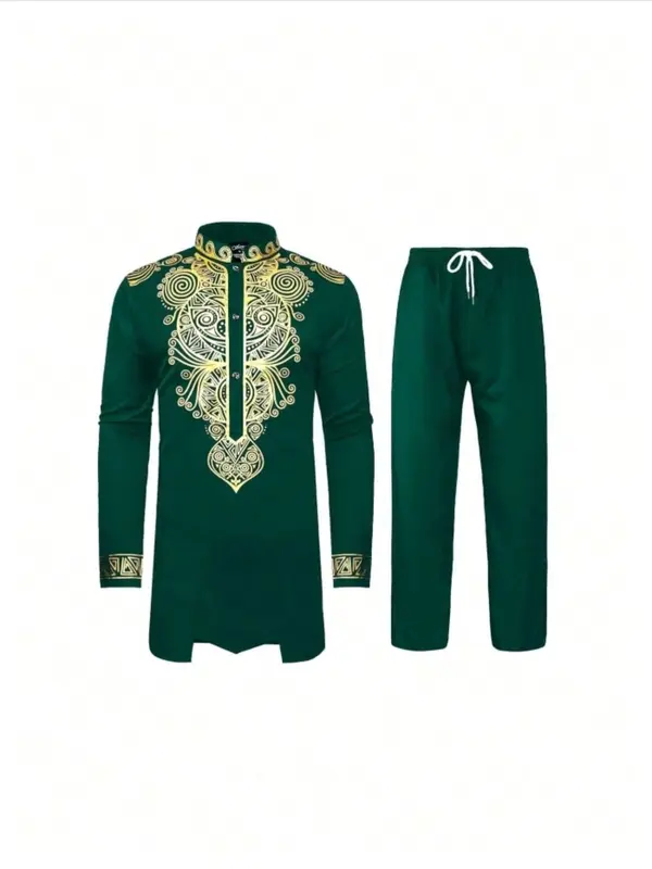 Men's Ethnic Pattern Print Long Sleeve Top & Pants Two-piece Set, Regular Fit Casual   Top & Trousers for Spring & Fall, Men's Two-piece Outfits for Daily Wear 0