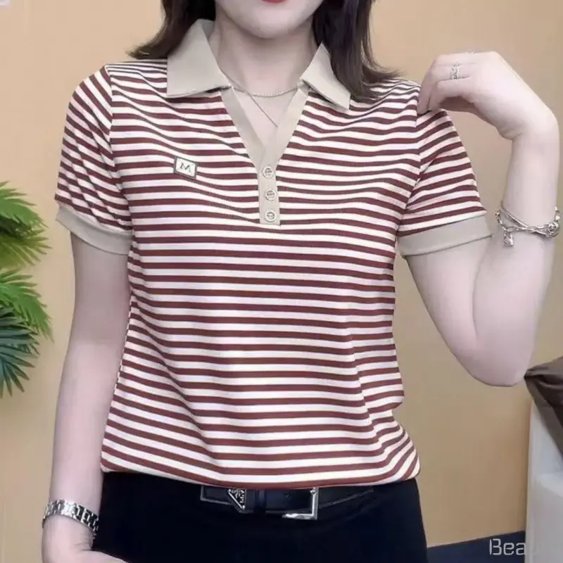 Áo Nữ, Cao Cấp, Thời Trang Mùa Hè, Ve Áo, Sọc, Áo Thun Ngắn Tay, Áo Polo, Dáng Rộng Thường Ngày, Hàng Mới Về, Thích Hợp Mặc Hàng Ngày Có Cổ Ong Top Women