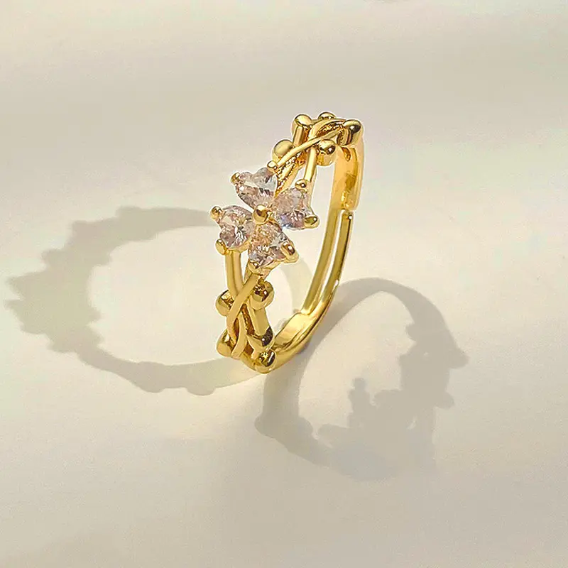 Viral Boho Ring - Micro-Inlaid Zirconia Four Leaf Clover Floral Ring with Adjustable Vine Wrapping Band| Flower Finger Jewelry