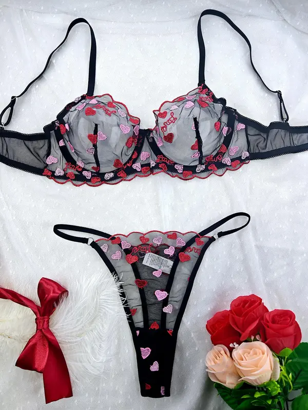 Women's Heart Embroidery Bra & Thong Two-piece Set, Sexy Comfy Breathable Lingerie Set for Daily Wear, Women's Underwear Set for All Seasons 0