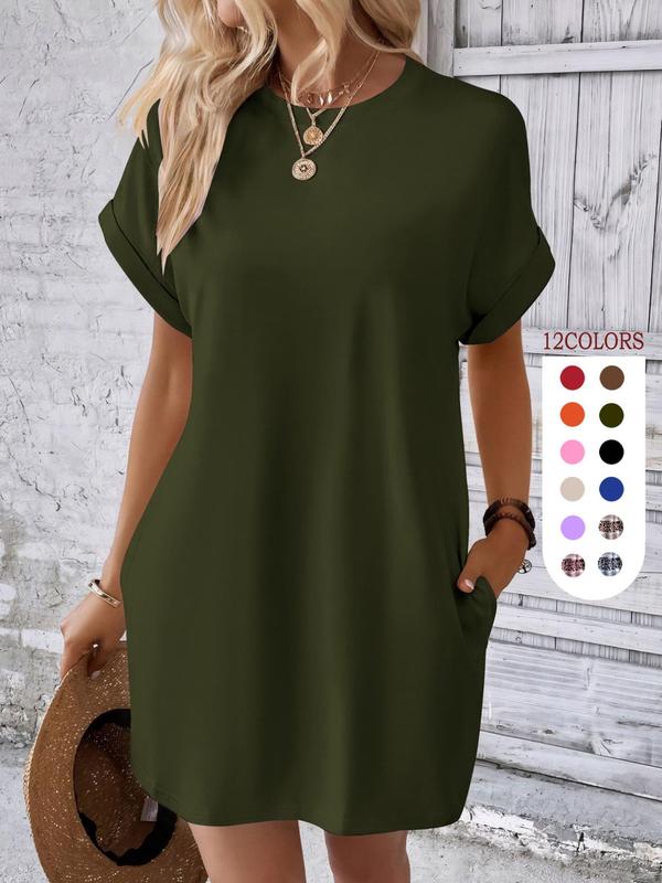 Women's Plain Pocket Round Neck Tunic Dress, The Red Dress, Summer Dresses 2024, Boho Batwing Sleeve Short Sleeve Dress, City Chic Dress UK, Holiday Dresses, Women's Clothing for Beach Vacation, Minimalistic Outfit, Wedding Guest Dress 6