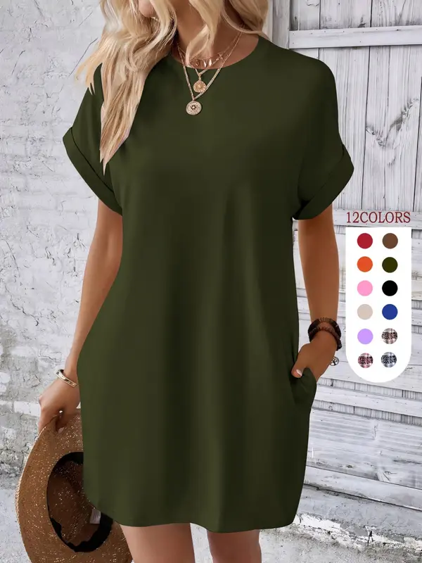 Women's Plain Pocket Round Neck Tunic Dress, The Red Dress, Summer Dresses 2024, Boho Batwing Sleeve Short Sleeve Dress, City Chic Dress UK, Holiday Dresses, Women's Clothing for Beach Vacation, Minimalistic Outfit, Wedding Guest Dress 6