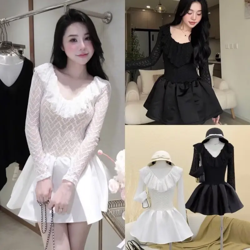 Đầm tk ren bèo tiểu thư dáng xoè 2 màu trắng đen k5929 cho nữ - Women Dress