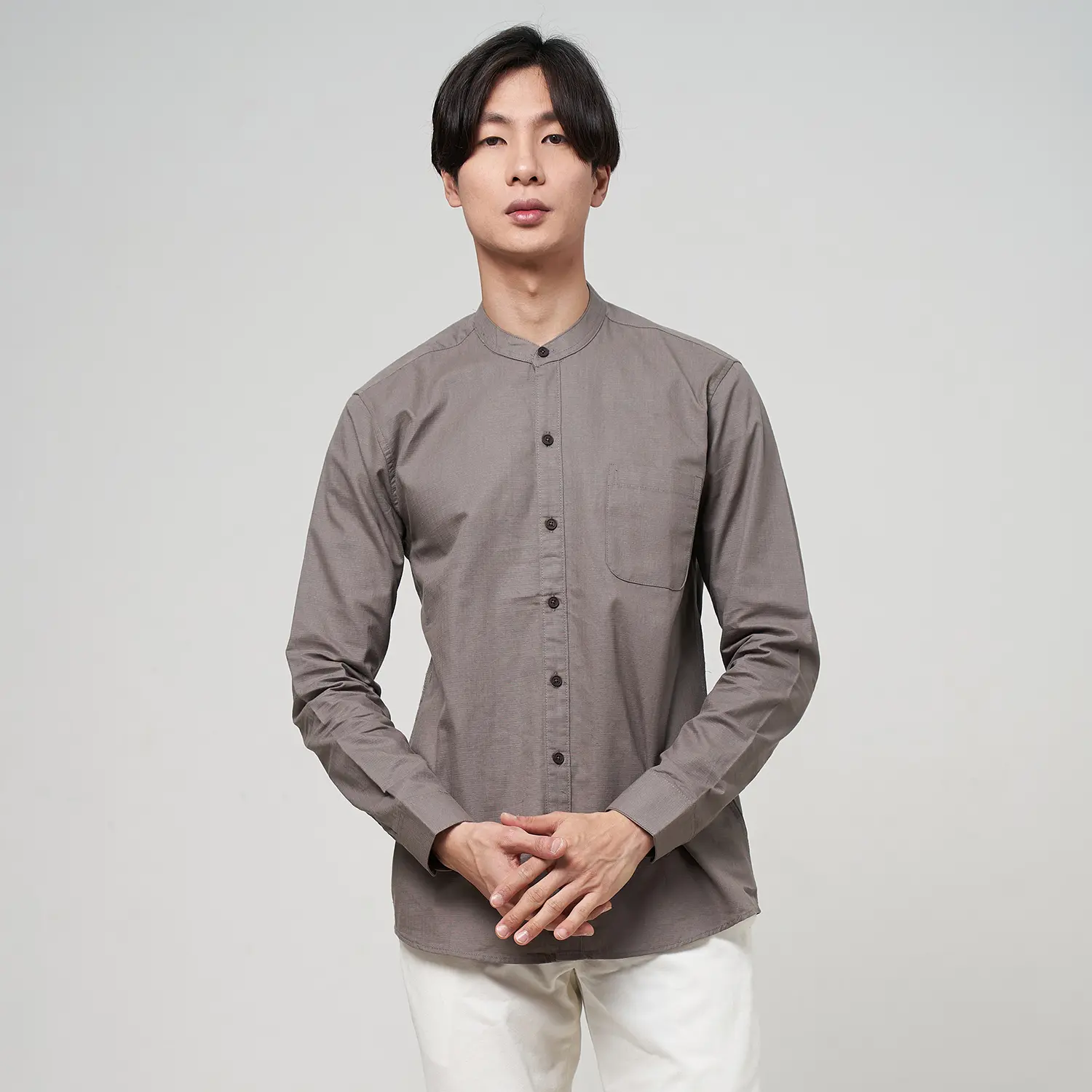 ALINO Kemeja Pria Kerah Sanghai Polos Lengan Panjang GREYBROWN 054 Nyaman Basic Casual Formal Slimfit Kantor Hitam Baju Coklat Kerja Cowok Putih Hem Katun