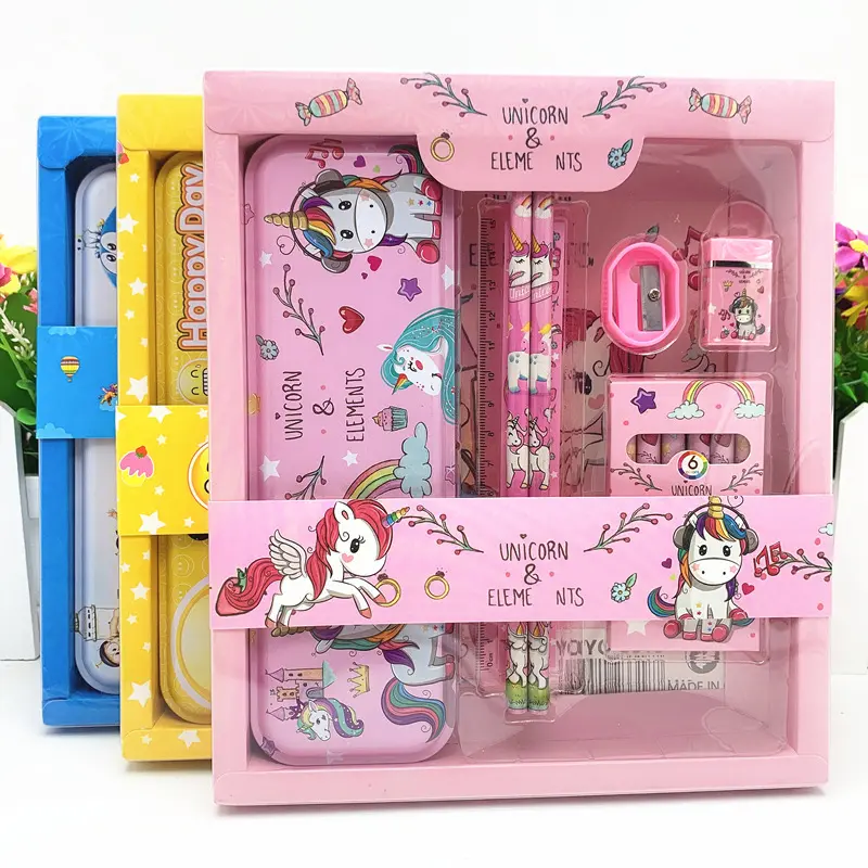 Hộp bút cho bé kèm bộ dụng cụ học tập 7 món đóng hộp quà chủ đề hoạt hình cute