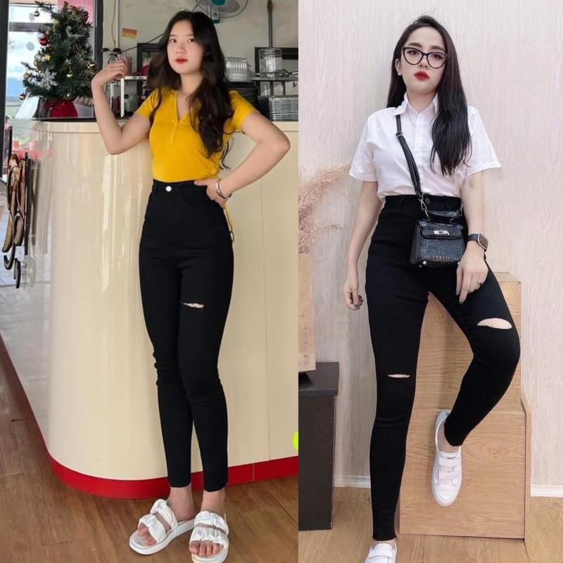 Quần Bò giấy Skinny Rách Gối Màu ĐEN Trắng HÀNG MỚI Quần skinny 1 khuy Rách gối