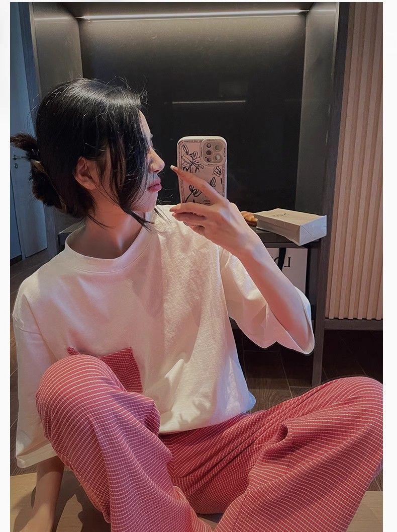 Product Introduction of Bộ Đồ Ngủ Cotton Mùa Xuân Lãng Mạn, Quần Áo Nữ, Phong Cách Mới Mùa Hè, Có Thể Mặc Ngoài Trời, Đồ Mặc Ở Nhà Phong Cách Sọc, Bộ Áo ngắn Tay Và Quần Dài, 1012 Người Thu Thập 11