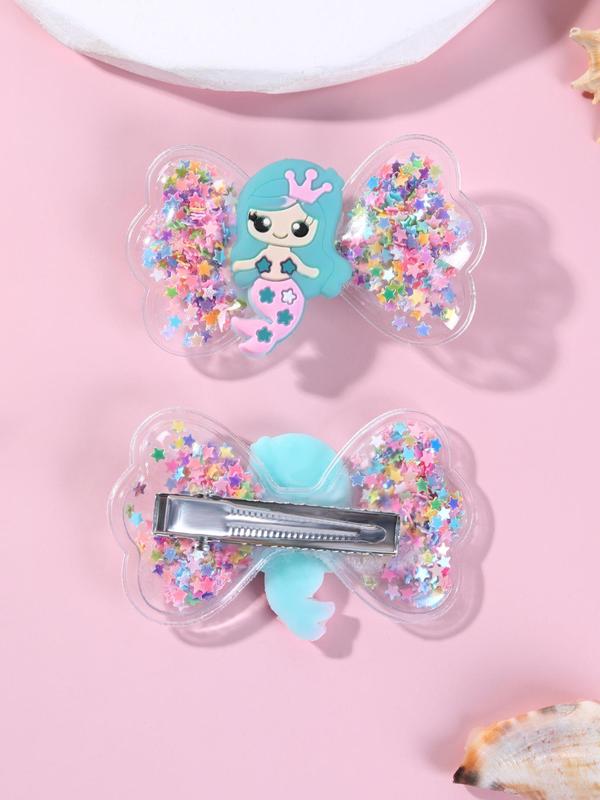 2pcs Cute Cartoon Mermaid Princess Design Hair Clip, Cute Bowknot Decor Hair Accessories For Girls, Quicksand Sequin Design Headwear 5
