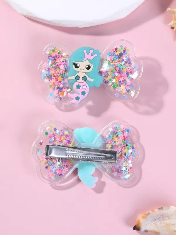 2pcs Cute Cartoon Mermaid Princess Design Hair Clip, Cute Bowknot Decor Hair Accessories For Girls, Quicksand Sequin Design Headwear 2
