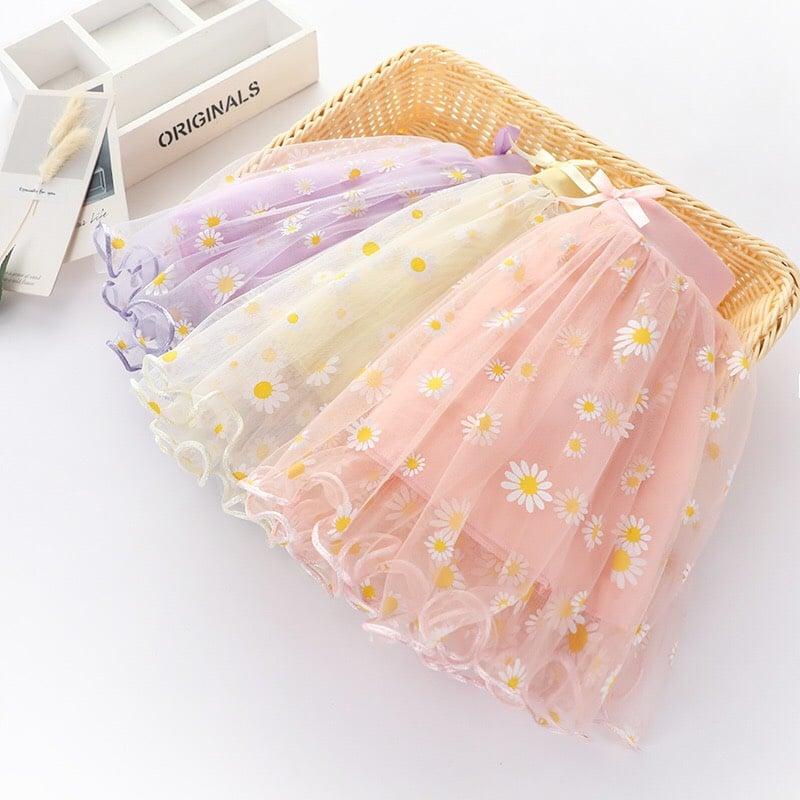 CV001 - 9-30kg Chân váy cho bé gái phối lưới hoa cúc cực xinh vải voan lưới tutu cao cấp
