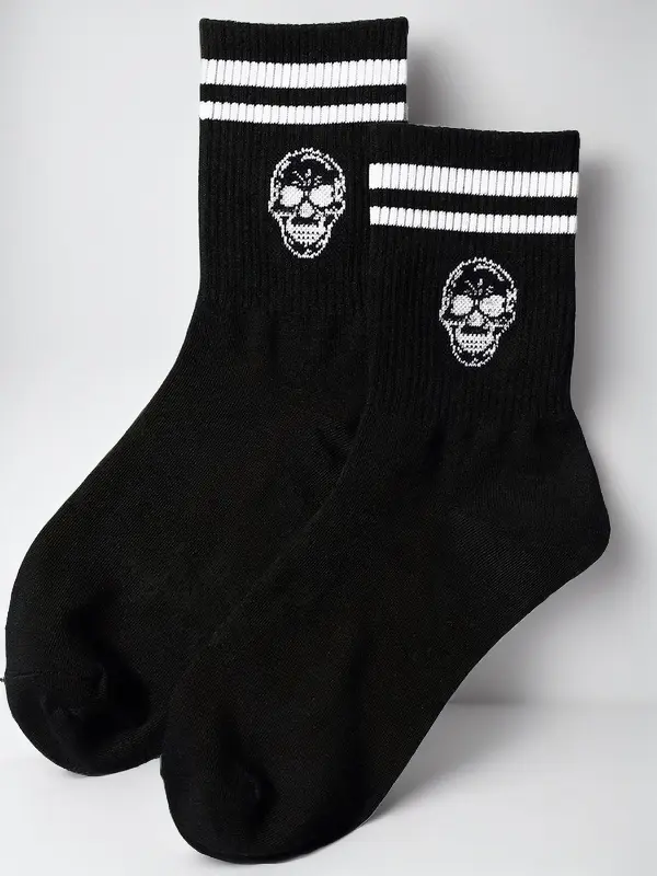 Women's 1 Pair Skull & Striped Pattern Crew Socks, Sporty Casual Mid-calf Socks, Ribbed Knit Socks for Women, Women's Hosiery 0
