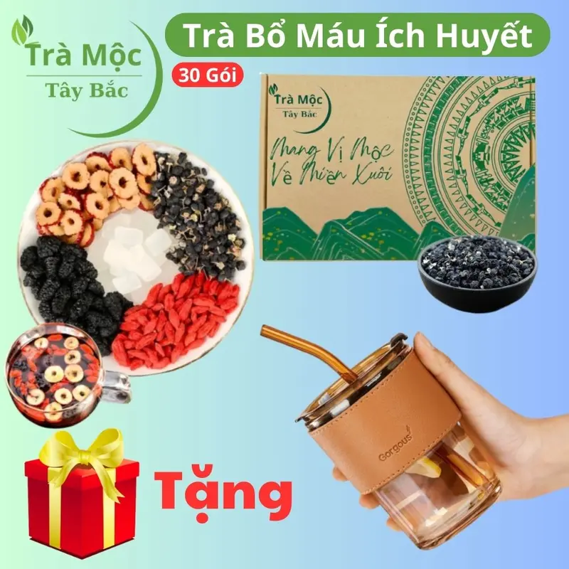 Hộp 30 gói Vip TẶNG CỐC DA Cao Cấp trà bổ máu dưỡng huyết mát gan thải độc - nguyên liệu hữu cơ táo đỏ kỉ tử hắc kỉ tử dầu tằm đường phèn thảo mộc Tây Bắc , tea chè 0