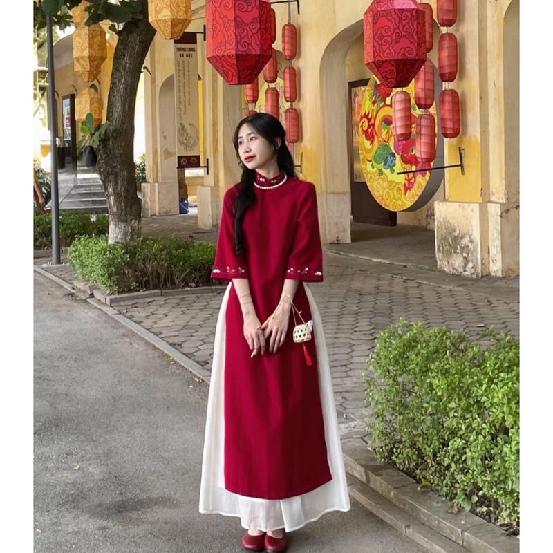 Áo Dài Nữ Cách Tân Tay Ngắn Loe Nhung Tăm Hoa Lá Thêu Chân Váy XZ39