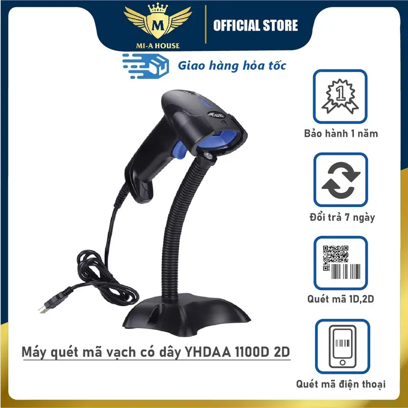 Máy quét mã vạch Qrcode YHD 1100D (2D) có dây - Máy bắn mã vạch 2D có dây cắm cổng USB kết nối Máy tính 0