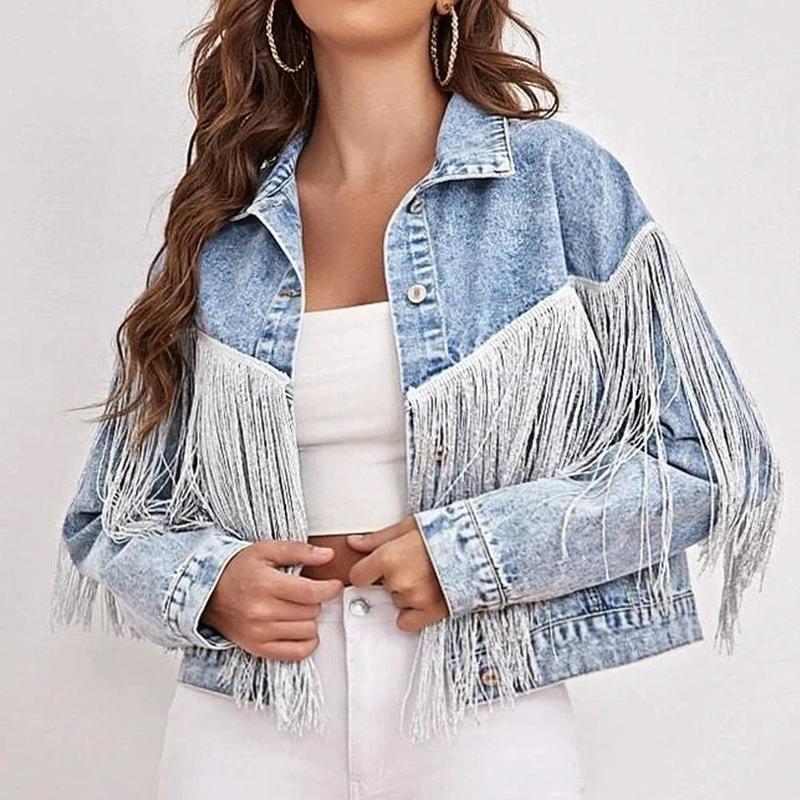 Product Introduction of Short Fringed Denim Jacket Light Blue Loose Fit Club Stage Style Spring Summer New Arrival Women's Fashion Outerwear Top 27