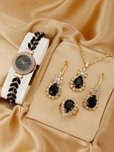 Rhinestones Decor Round Analog Quartz Watch & Jewelry Set As Eid Gift Hampers, Including Dangle Earring, Pendant Necklace and Ring without Box, Fashioned Trendy Style Wristwatch Set for Women