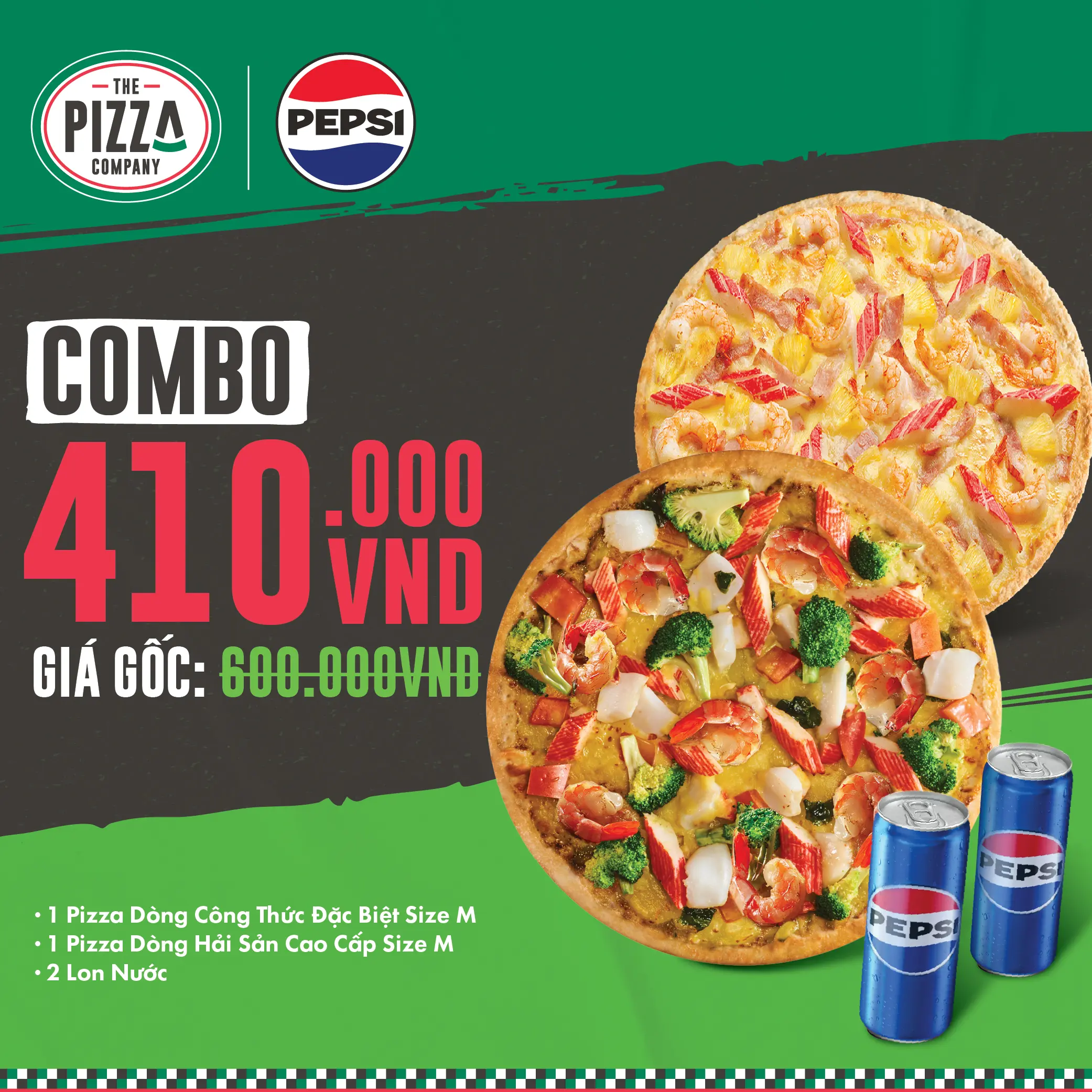 Combo 2 Pizza M - Hải Sản Cao Cấp & Hải Sản Pesto Xanh - (3-4 người) - 1 Pizza Dòng Hải Sản Cao Cấp size M + 1 Pizza Dòng Công Thức Đặc Biệt size M +2 Lon Pepsi - The Pizza Company - (Giao nhanh 1H)