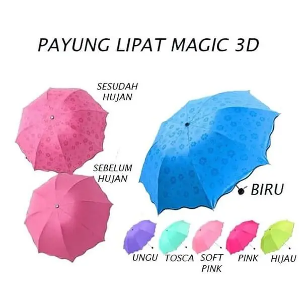 PAYUNG LIPAT 3D MAGIC 2 MUSIM UMBRELLA HUJAN PANAS MOTIF KENA AIR Bunga Plastik 2