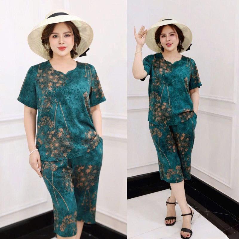 Đồ bộ trung niên cho mẹ và bà mặc ở nhà có áo cổ tròn quần lửng suông chất lụa nhập co dãn thoải mái HMS19A hàng đẹp 2