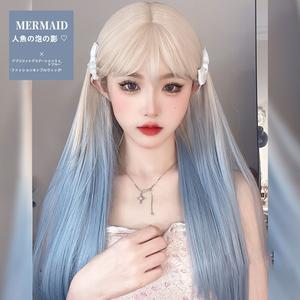 かつら女性のロングストレートヘアフルヘッドギアスタイル氷河グラデーションブルーインターネット有名人がいますがいますホットガールガンくてクールなスタイル cos フルヘッドかつら