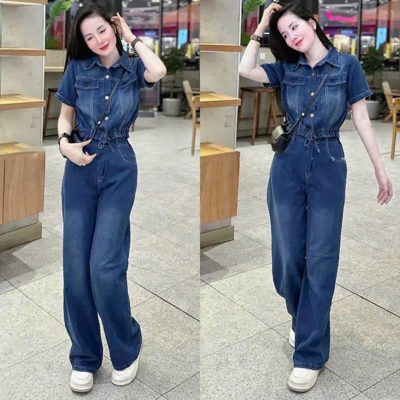 Set Bộ Nữ Chất Jean. Áo Sơ Mi Tay Ngắn Gài Nút Phối Túi Rút Dây Lai Kèm Quần Dáng Dài Women Top
