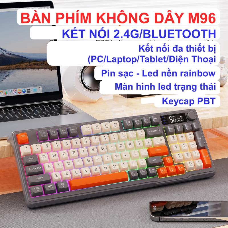 Bàn Phím Không Dây M96 Bluetooth Không Ồn Led Nền 2 Mode Kết Nối Màn Hình Hiển Thị Phím PBT Tương Thích Win/ Mac OS