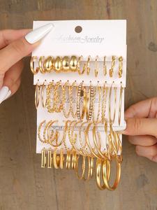 24 Pairs Fashion Elegant Geometric Design Hoop Earrings, Simple Plain Twist Zinc Alloy Earrings, Party Jewelry Gift For Women & Girls