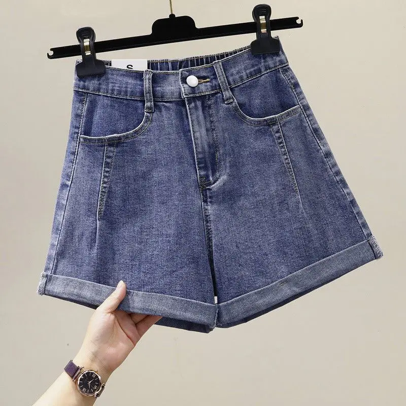 Hot Sale 100.00kg Plump Girls plus Size Fitted High Waist Denim Shorts Women's Summer Thin Elastic Waist Loose Elastic Wide Leg A- line Hot Pants