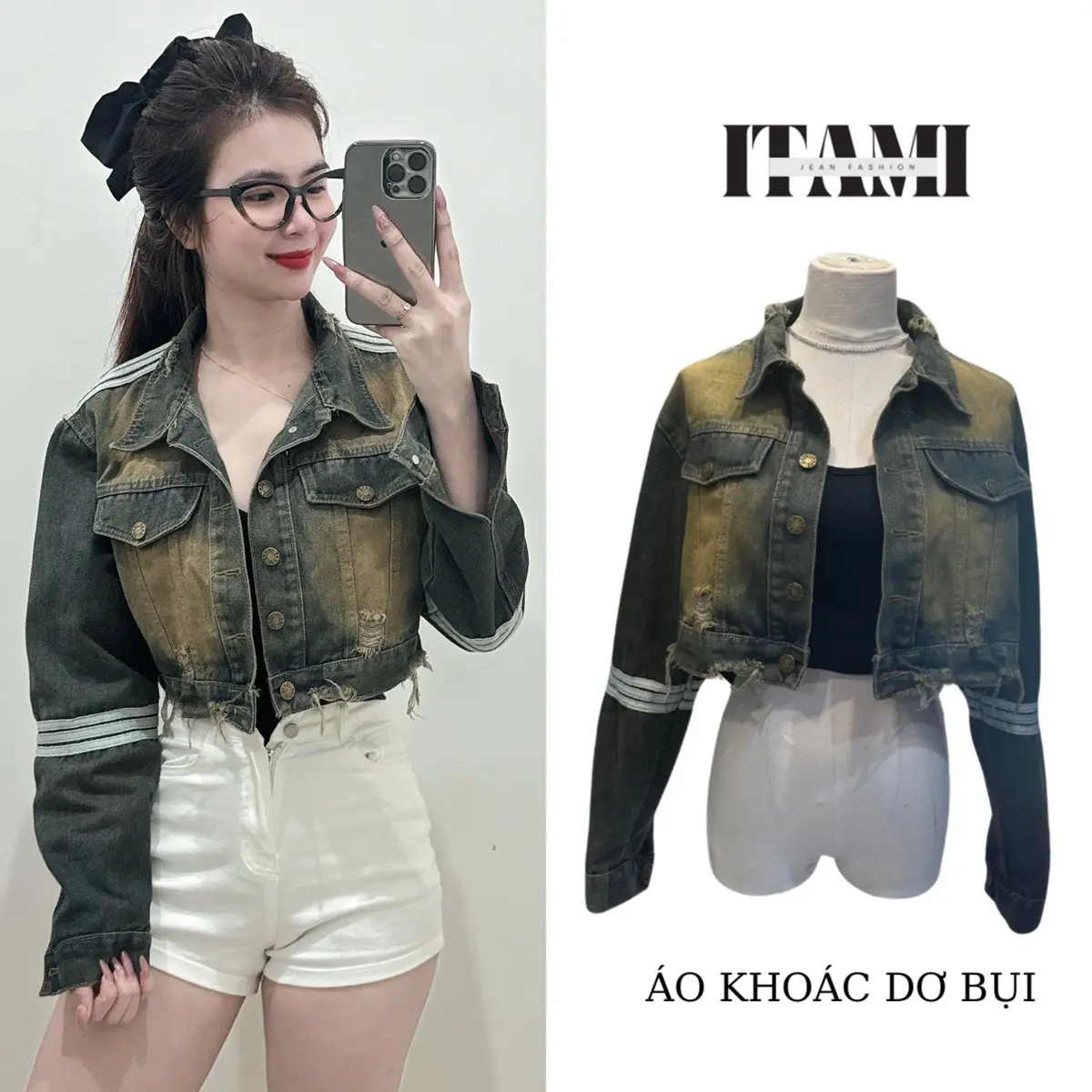 Áo khoác Jean Nữ Sọc Viền dài tay áo Crt Chất Dày Sọc Tay  (Màu Bụi ) Women