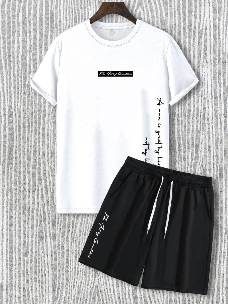 Product Introduction of Two-Piece Set Men's Letter Print Tee & Drawstring Pocket Shorts Set, Regular Fit Casual Short Sleeve T-Shirt & Shorts, Men Summer Outfits 2024 4
