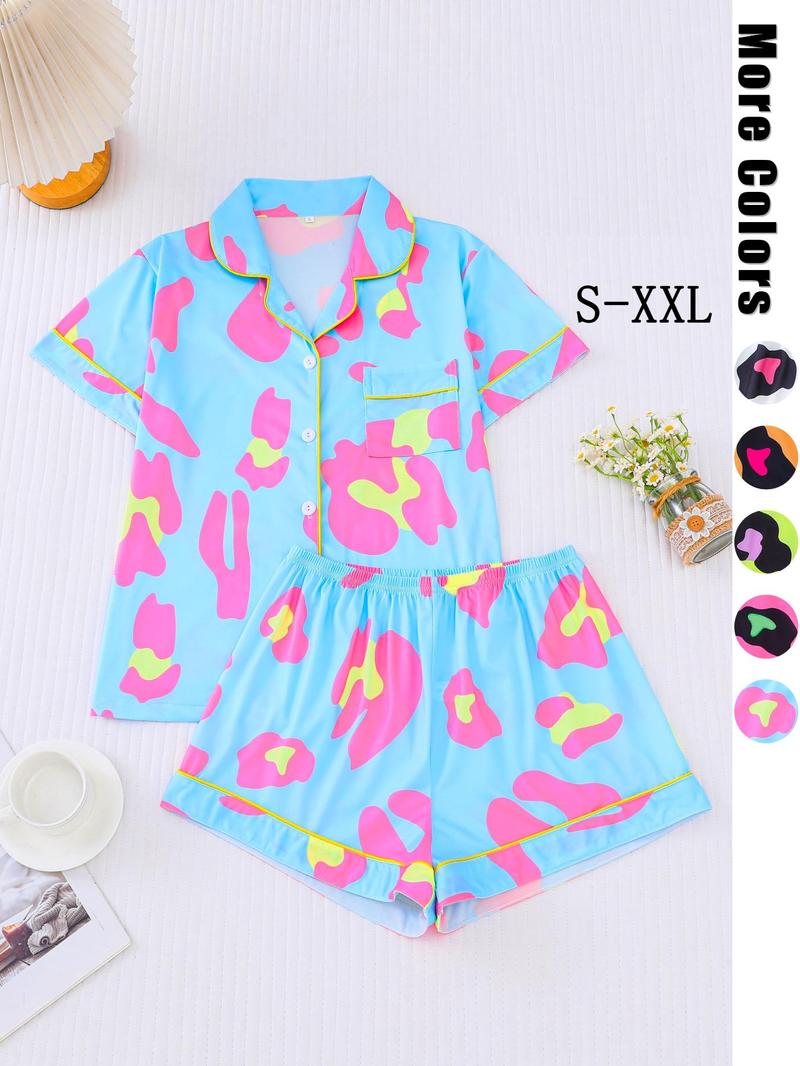 Product Introduction of Two-piece Set Women's All Over Leopard Print Contrast Binding Lapel Shirt & Shorts Pyjama, Casual Comfy Short Sleeve Pocket Top & Shorts Pj Set, Pajamas, Ladies Sleepwear for All Seasons, Pajamas 4
