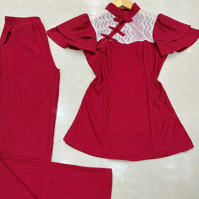 Mã c1779 đo bộ thun xốp áo cổ tiều phối ren hoa quần dài ôm mặc tết đi chơi nữ Women Top Top