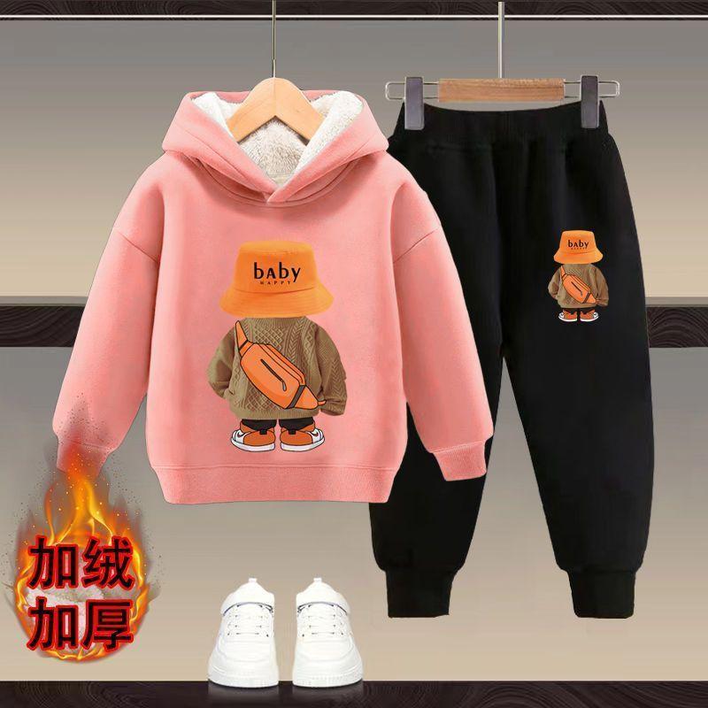Bộ Đồ Áo Nỉ Có Mũ Trùm Đầu, Cho Trẻ Em, Lót Lông Cừu, Dày Dặn, Thích Hợp Cho Mùa Thu Và Mùa Đông, Cho Bé Trai Và Bé Gái, Phong Cách Phương Tây Mới, Bộ Đồ Ấm Áp Hai Mảnh, Trẻ Em 2