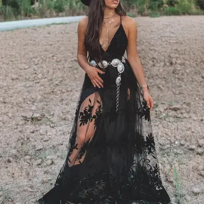 black lace western dress Women' Retro Cowgirl - Midi Bodycon Dress with Puff Sleeves & High/Low Hem, Round Neck Suitable for Parties, Weddings, Themed Events or statement jewelry Dressing up or down depending on the vibe Fit Scully Women's Above Knee Lace