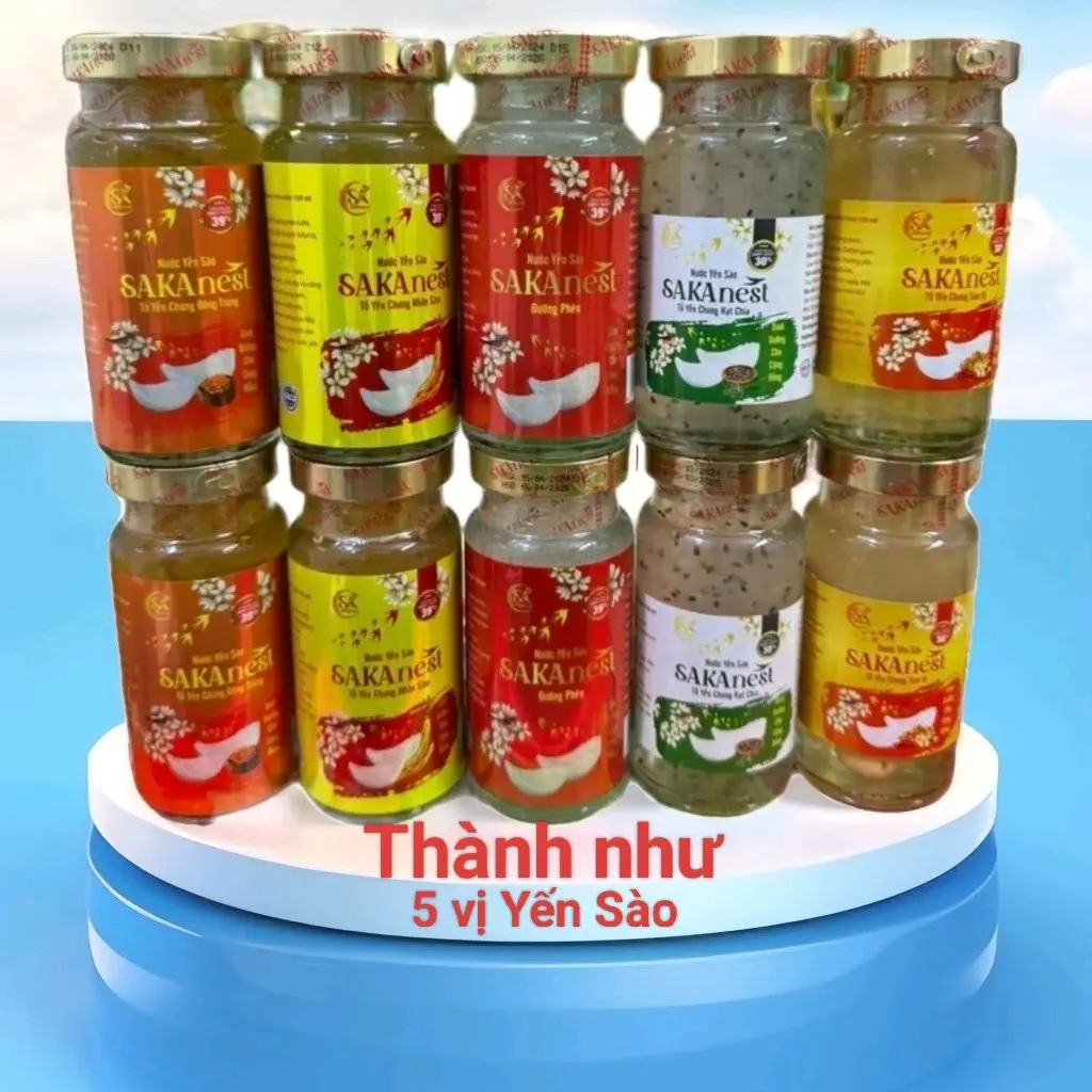 combo 10 lọ yến chưng 5 vị- đường phèn+Đông Trùng Hạ Thảo+Hạt Chia+Nhân Sâm+Tam Vị sakanest lợi ích sức khỏe : kiểm soát huyết áp sức khỏe cho tim mạch bồi dưỡng năng lượng tốt