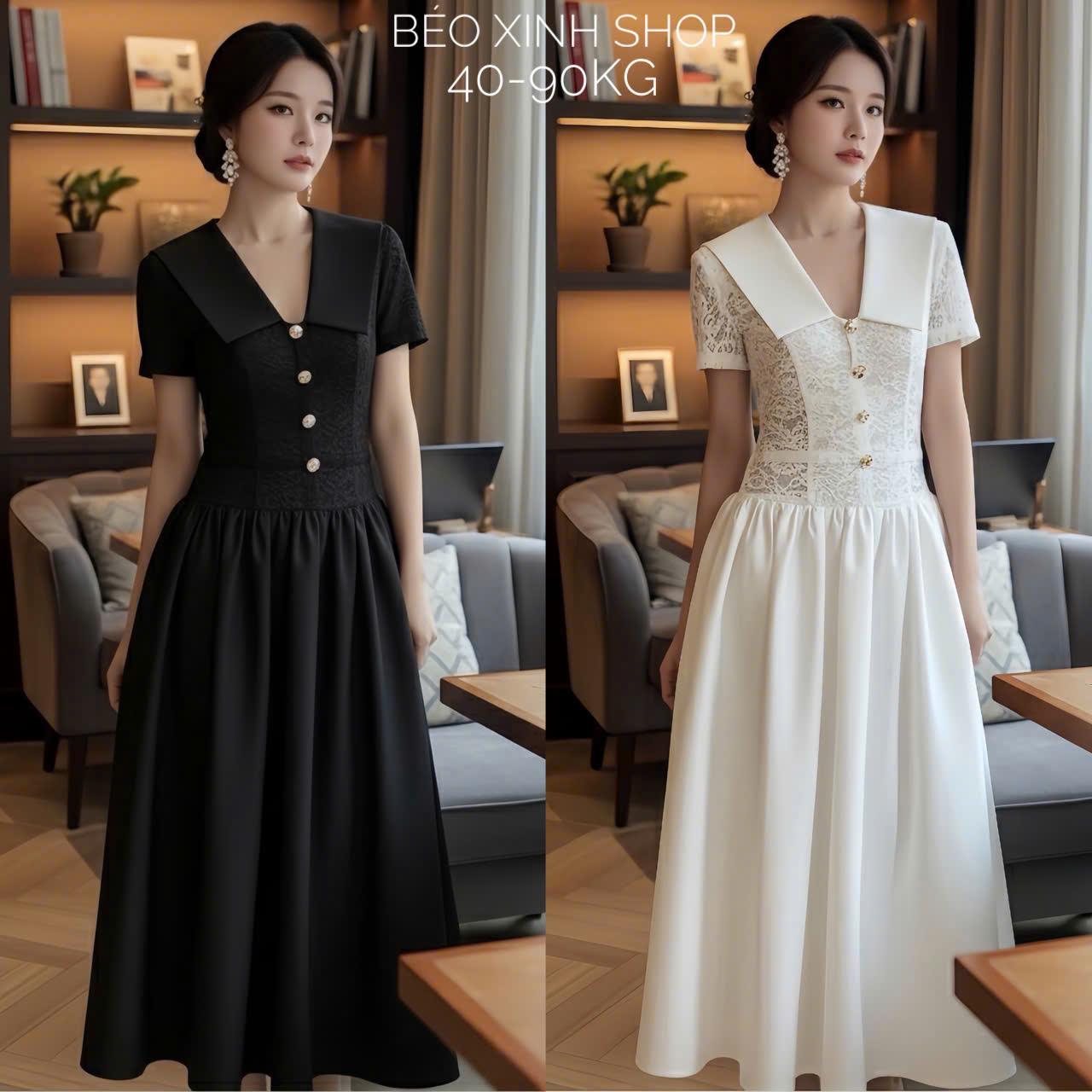 Váy Dự Tiệc Cổ V Phối Cúc Tiểu Thư (Vải Ren Hoa 2 Lớp) Chân váy vải Chéo Bigsize 40 - 90Kg Béo Xinh Shop - A.1646