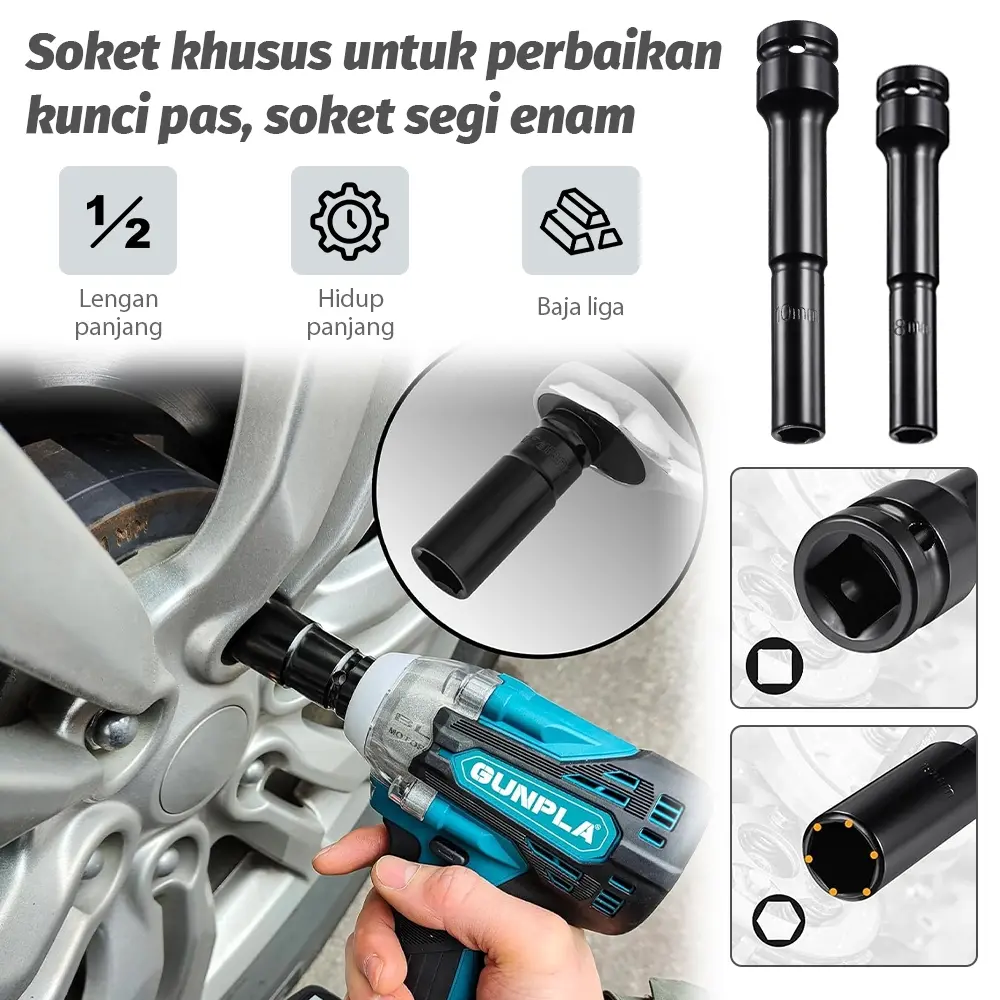 Adapter Kunci Shock Panjang 130mm Hex 1/2 - Alat Khusus untuk Dongkrak Listrik, Penggerak Impact, dan Mesin Pemecah Logam Mobil, Kualitas Terbaik