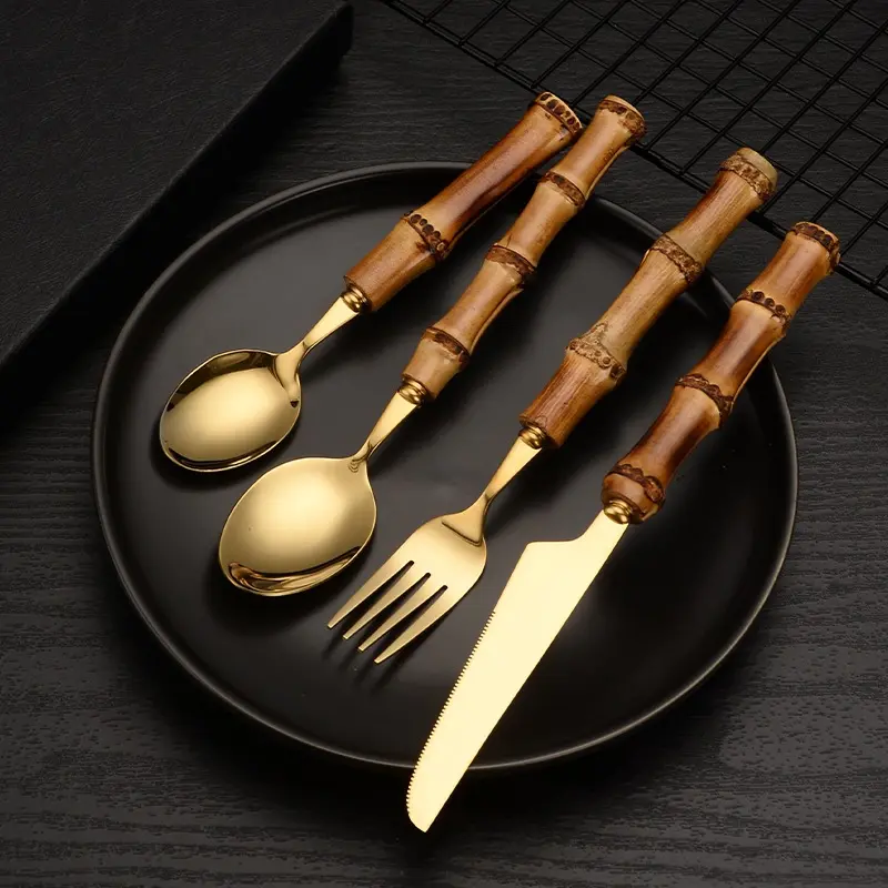 4Pcs/Set Bamboo Handle Stainless Steel Cutlery Set Gold Minimalist Dinnerware Wooden Spoon And Fork Knife Tableware