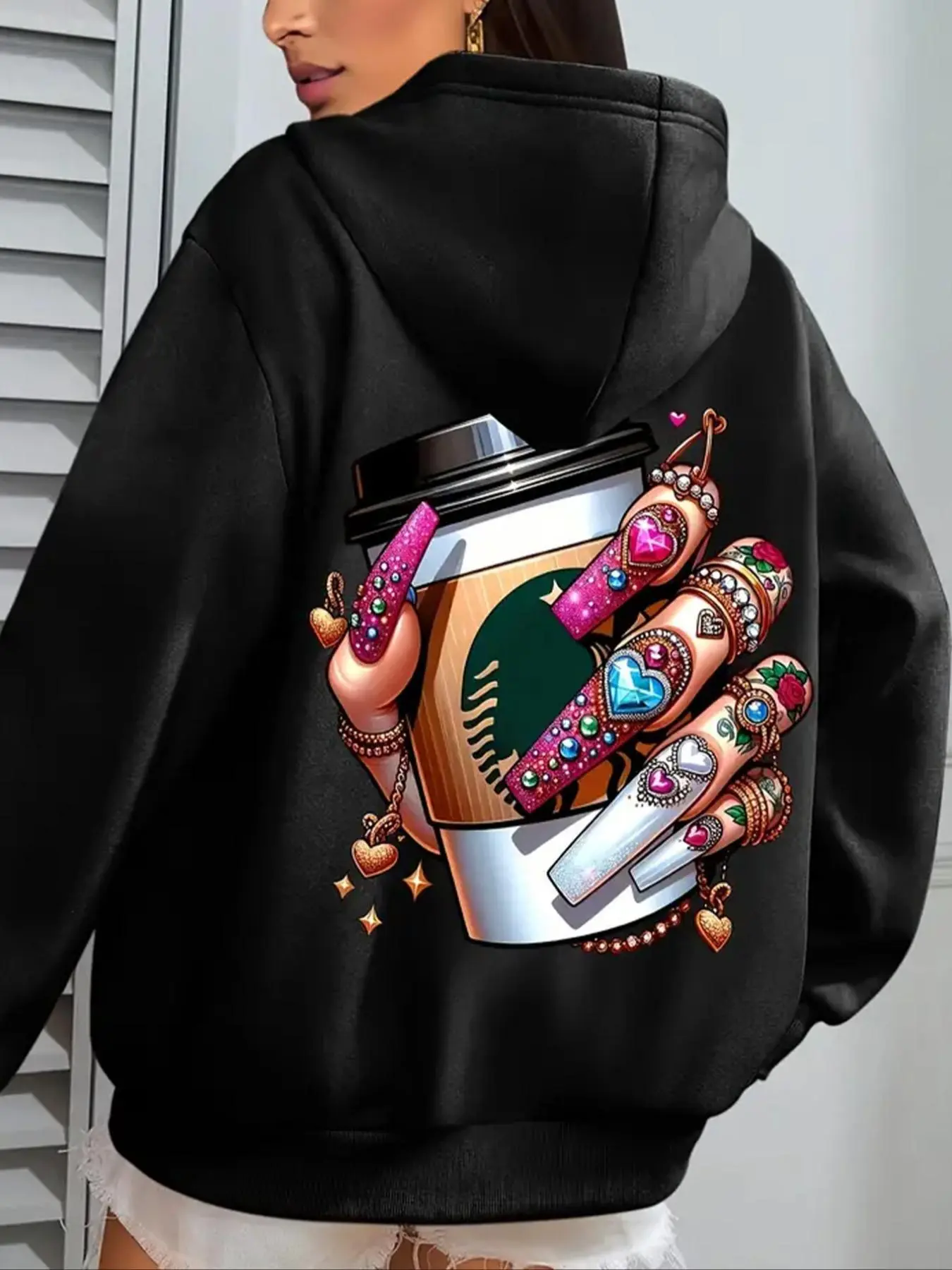 Women's Coffee Cup & Hand Decor Drop Shoulder Hoodie, Fashion Casual Drawstring Pocket Hooded Sweatshirt for Daily Holiday Outdoor Wear, Women Clothing for Fall & Winter