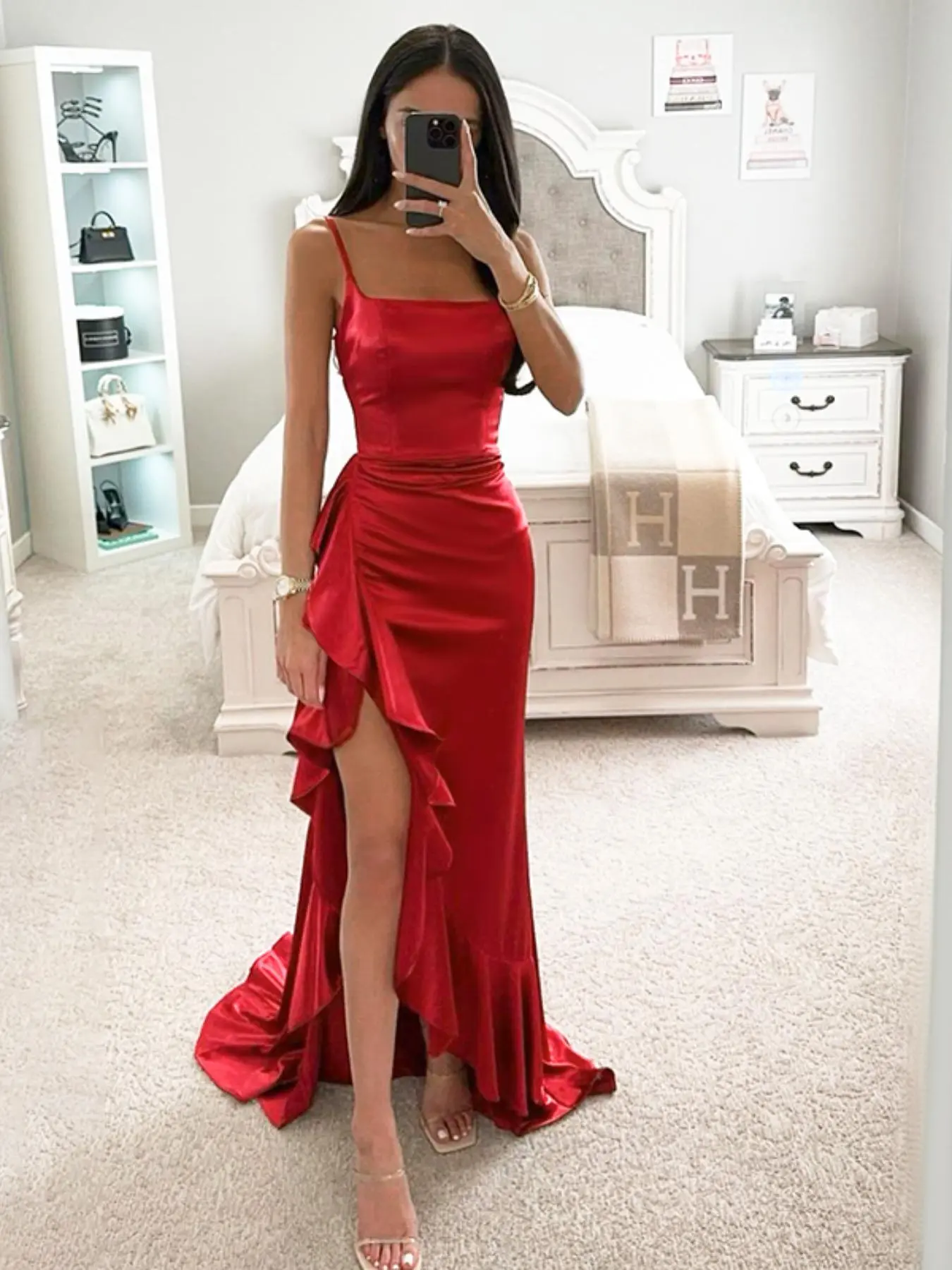 Women's Plain Ruched Backless Split Thigh Cami Dress, Elegant Asymmetrical Ruffle Hem Zipper Back Evening Party Gown, Ladies Clothes for All Seasons Valentine's Day, gift