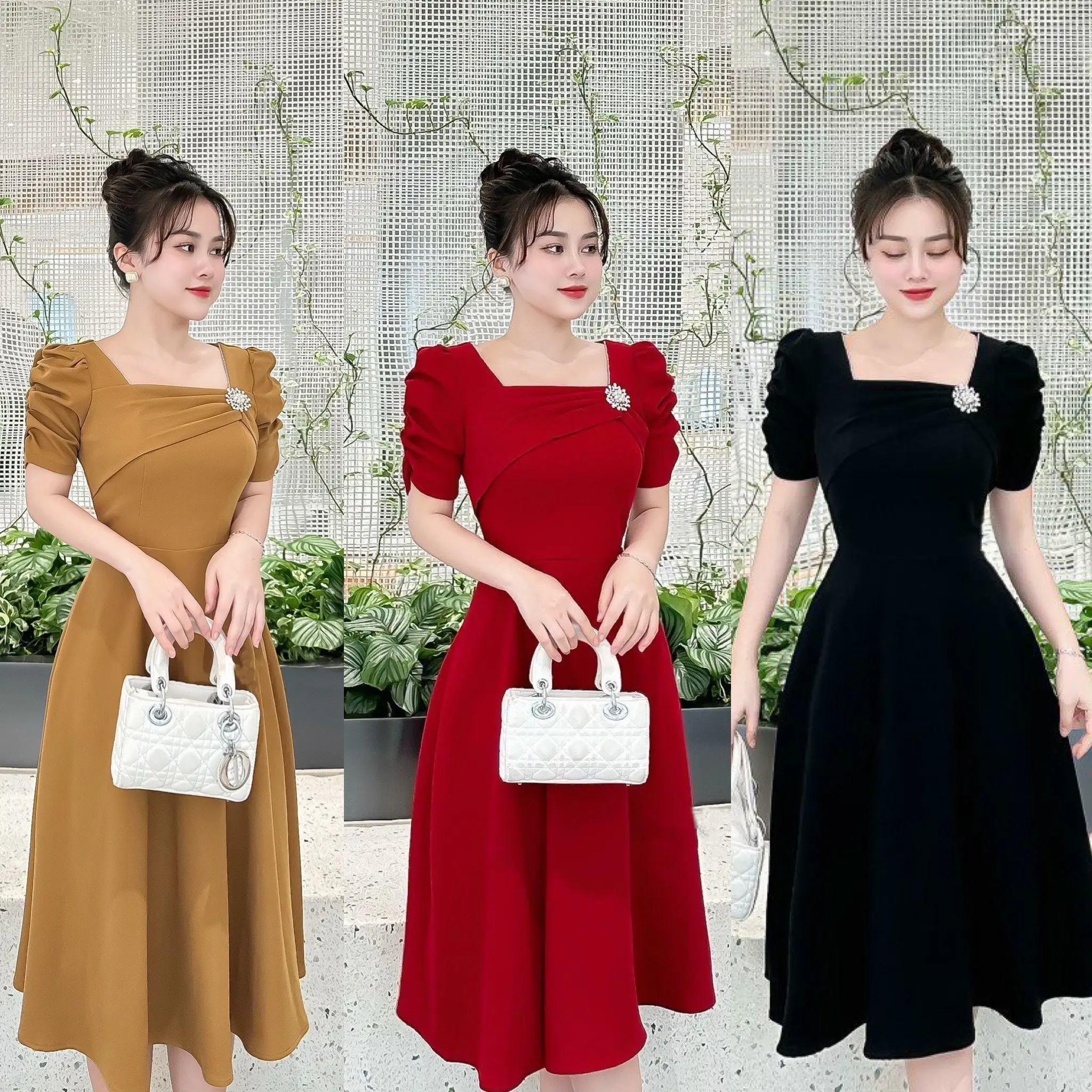 V54- Váy cổ vuông vạt chéo đính tag ngọc nhũ bạc, 3 màu thiết kế eo cao mặc che bụng, chất liệu mango nhập khẩu, mát mịn - Thời trang Đầm Nữ Nhà Min, váy dự tiệc thiết kế