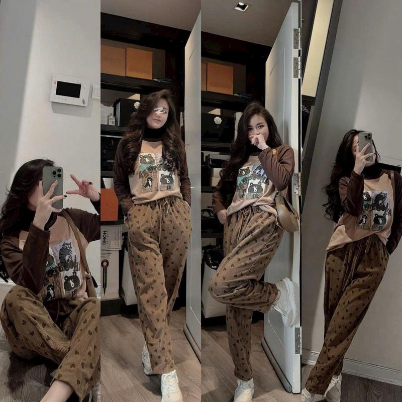 02. Sét nỉ lót lông in hình quần nhung tăm dày. Áo dài quần baggy dài. ĐỦ size SMLXL 40kg-70kg  Nữ