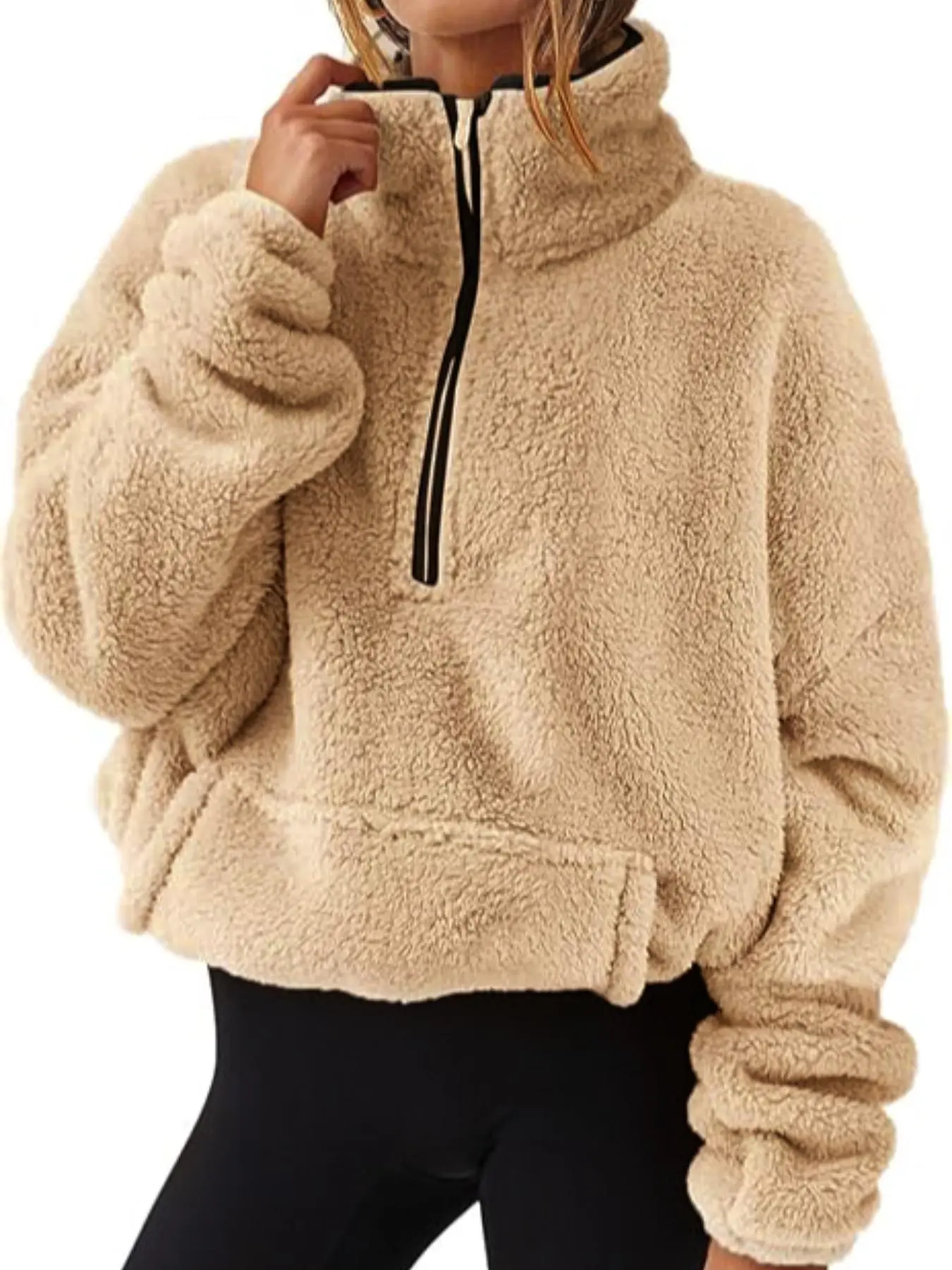Women's Drop Shoulder Pocket Half Zip Fuzzy Lounge Pullover, Casual Long Sleeve Stand Collar Loungewear Top, Women's Clothes for Fall & Winter