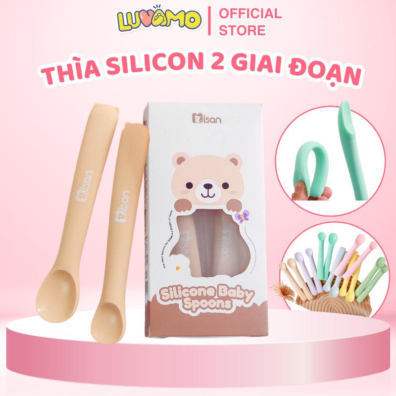  Thìa ăn dặm silicon cho bé Misan muỗng ăn dặm uốn cong đa chiều 2 giai đoạn cho bé từ 4 tháng chịu nhiệt Luvamo vàng Voi Voi 