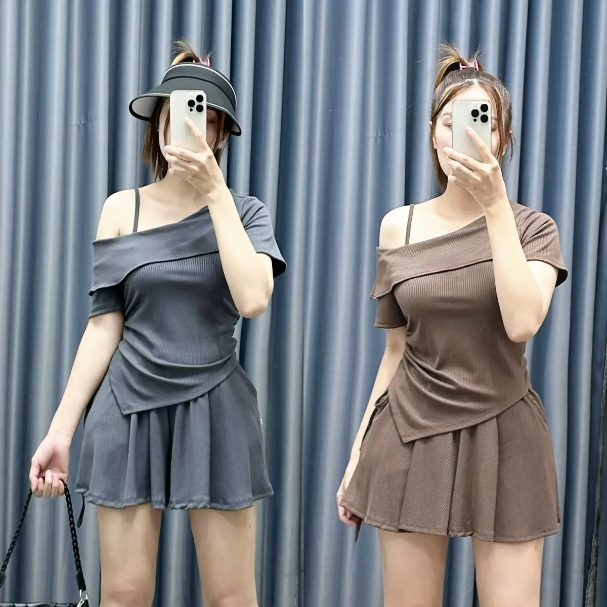 Set đồ nữ áo tay ngắn trễ vai rút eo kèm quần đùi lưng thun xòe ống rộng chất gân mềm mịn - SET823