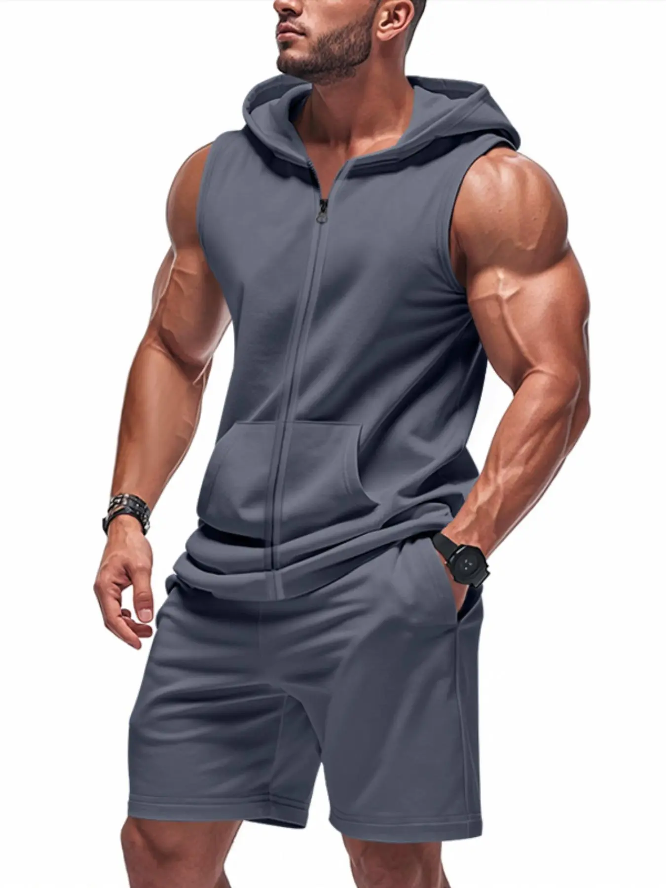 Men's Solid Zip Up Hooded Jacket & Shorts Tracksuit Set, Casual Breathable Comfortable Sports Set for Gym Workout Running, Men's Summer Clothes