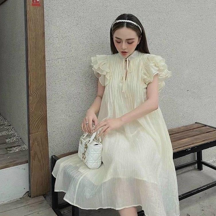 Đầm babydoll Nữ cột nơ tay cánh tiên đũi tơ hai lớp cao cấp kèm hình thật video - M1 Women Dress